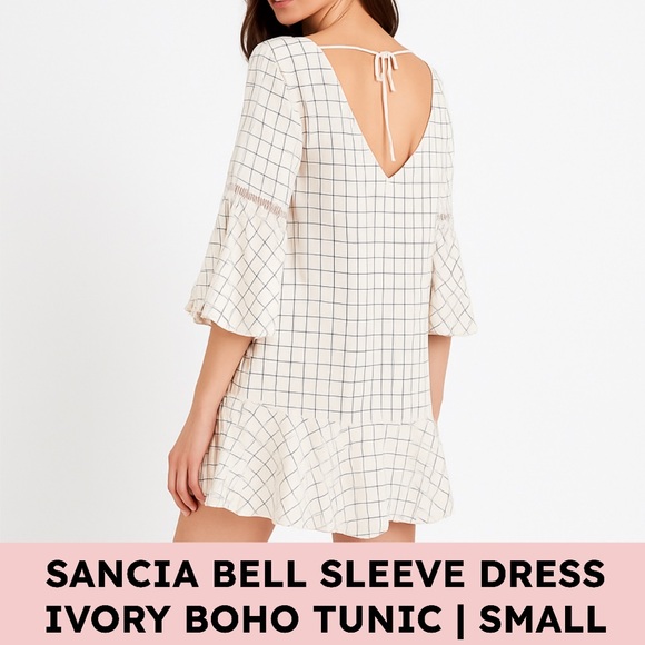 SANCIA Dresses & Skirts - Sancia Grid Check Rayon Ruffle Tunic Dress Boho Bell Sleeve Tie Back S Ivory